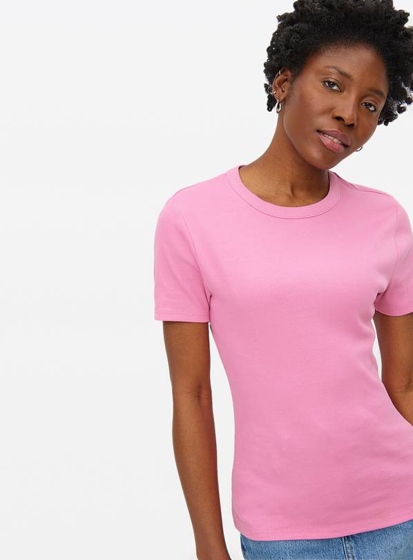 Bright Pink Ribbed Crew Neck T-Shirt 16